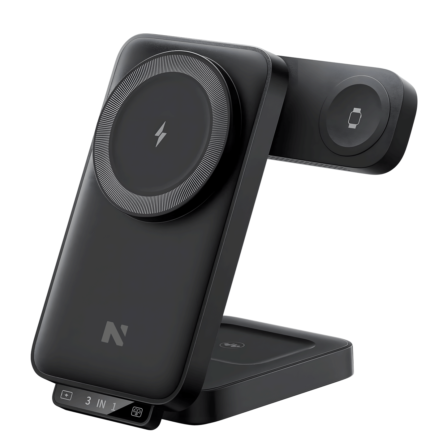 Supporto di ricarica wireless 3-in-1 nero con anello MagSafe e base per AirPods.