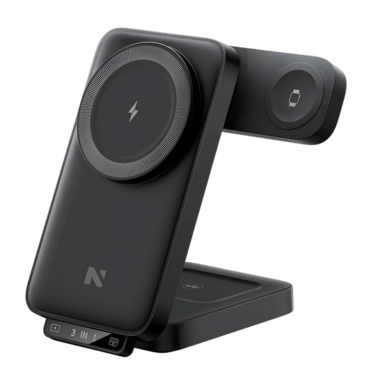 Supporto di ricarica wireless 3-in-1 nero con anello MagSafe e base per AirPods.
