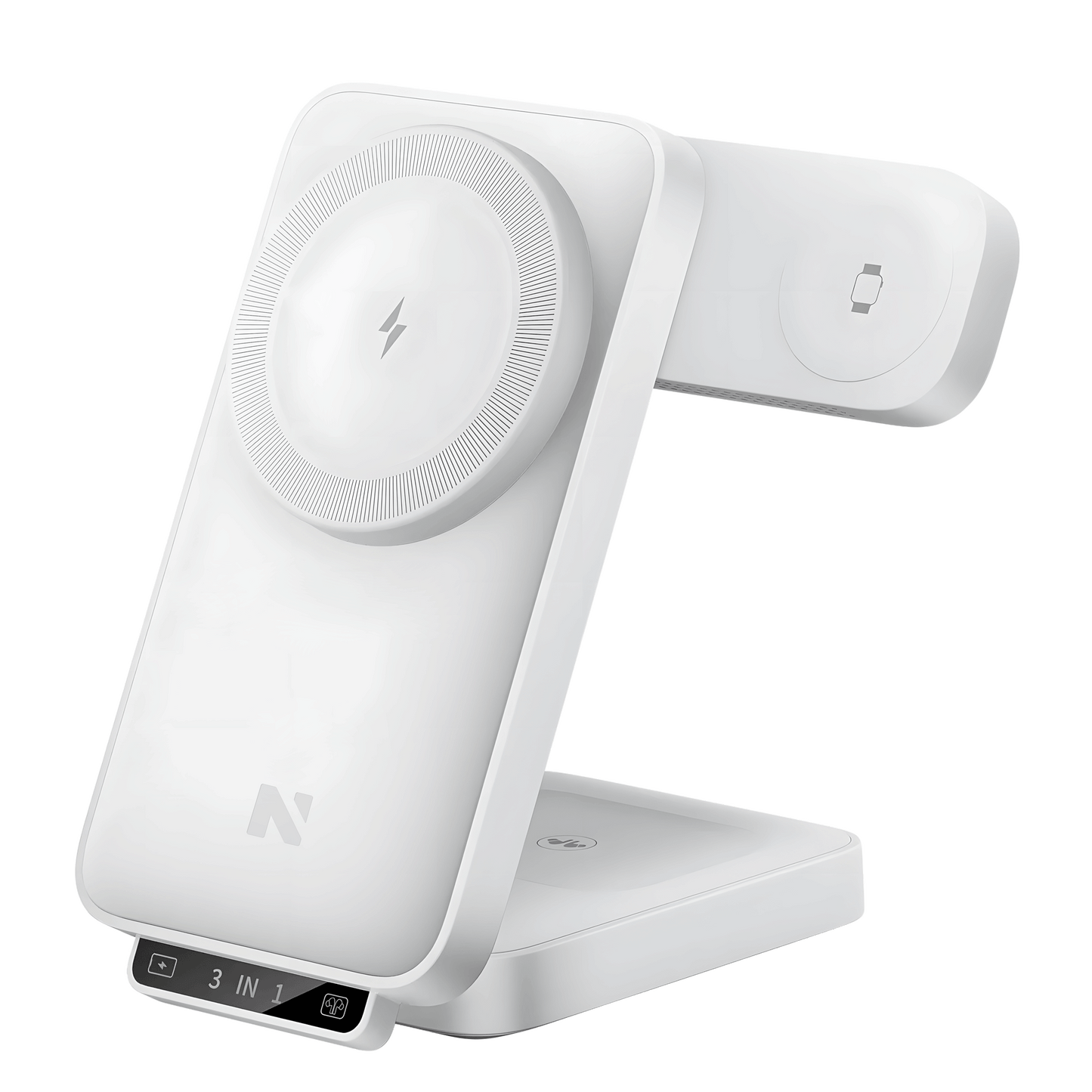 Caricatore wireless MagSafe 3-in-1 bianco con illuminazione LED alla base.