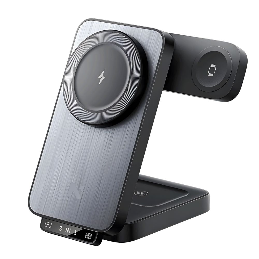 Caricatore wireless nero con supporto verticale per telefono e dock per AirPods.