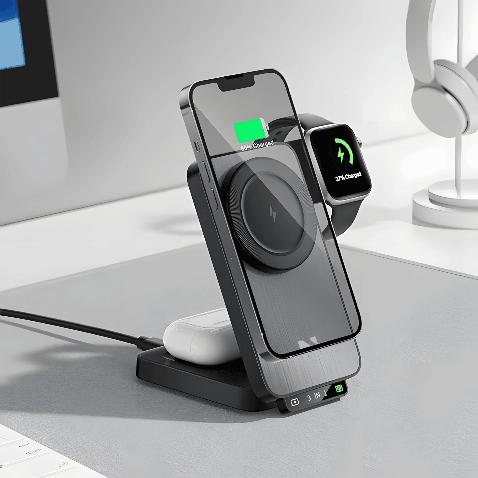 Stazione di ricarica wireless su scrivania bianca con smartphone in uso.