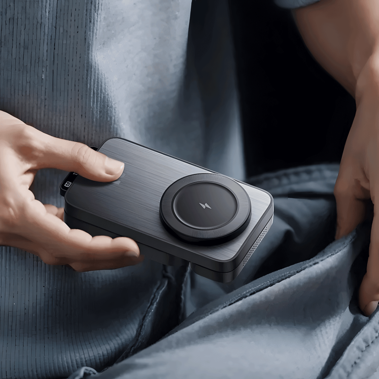 Persona che tiene in mano un caricatore wireless compatto nero con superficie circolare di ricarica.